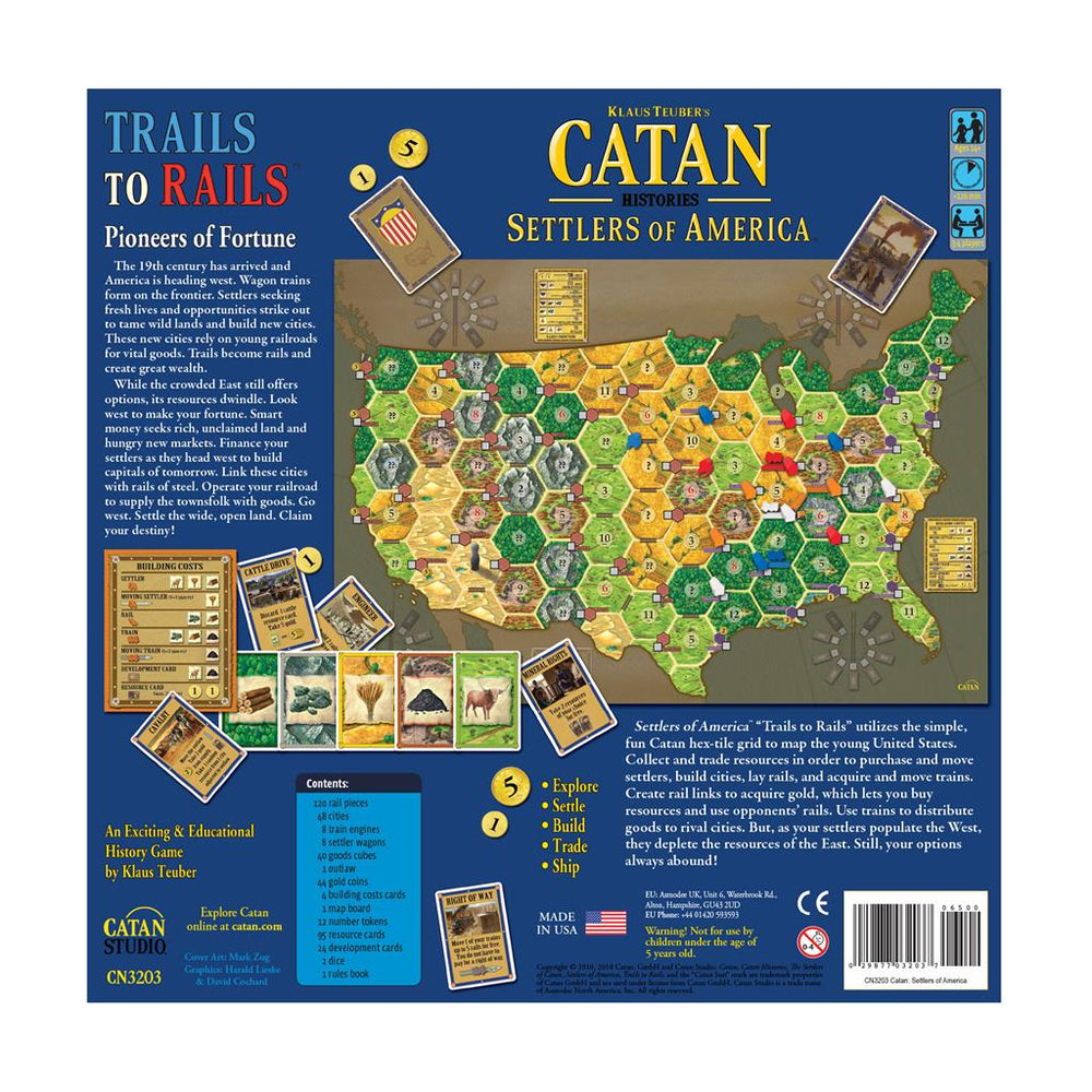 Catan - Settlers of America game box featuring a map of the United States, game pieces, and cards for gameplay.