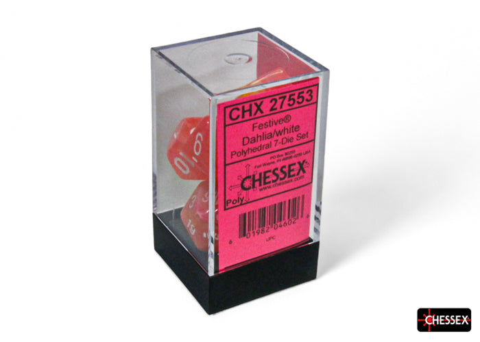 Chessex Festive Dahlia and White Luminary 7-dice set in a clear display box, featuring vibrant colors and polyhedral shapes.