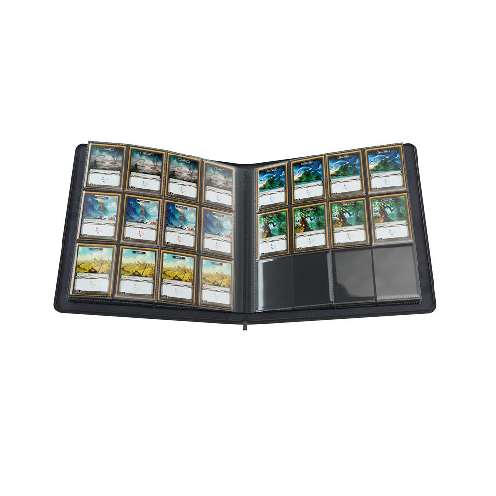 Black zip-up album featuring 24 pockets, displaying trading cards with colorful artwork and protective sleeves.