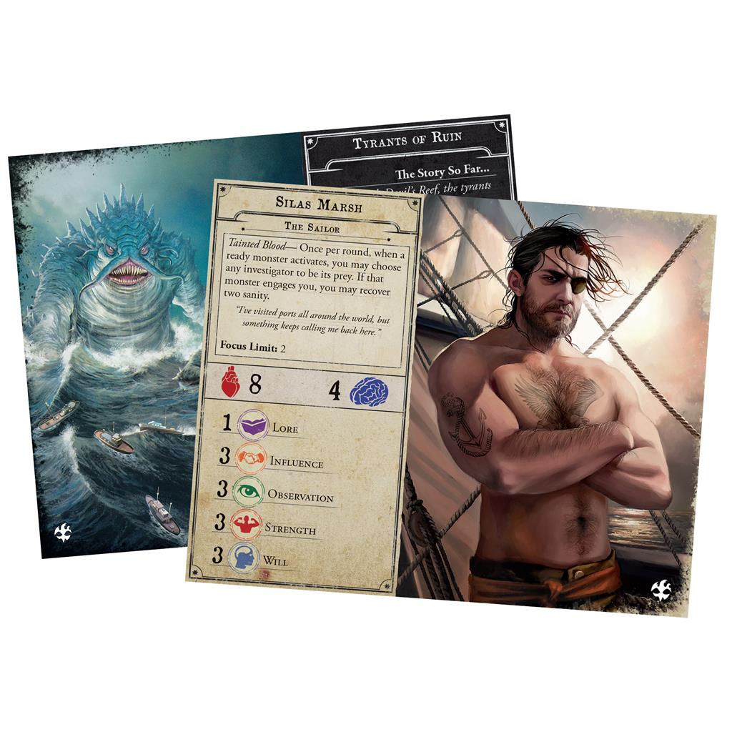 Arkham Horror 3E Under Dark Waves expansion featuring a deep-sea creature, character card for Silas Marsh, and story summary.