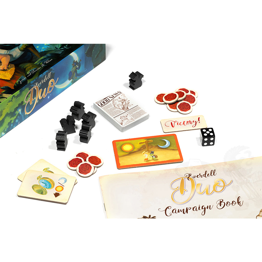 Everdell Duo board game components including tokens, cards, and a campaign book displayed on a white background.