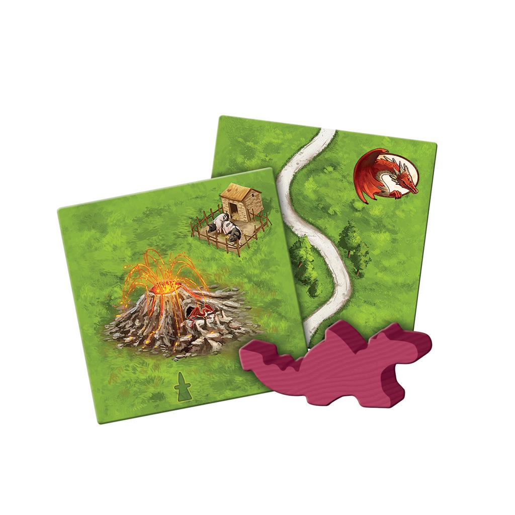 Carcassonne Expansion 3: The Princess and the Dragon includes new tiles featuring a volcano, a cottage, and a dragon meeple.