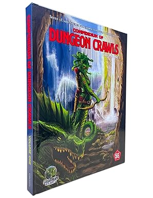 Dungeons & Dragons 5E Compendium of Dungeon Crawls Volume 1 features a vibrant cover with a dragon and adventurer in a mystical setting.