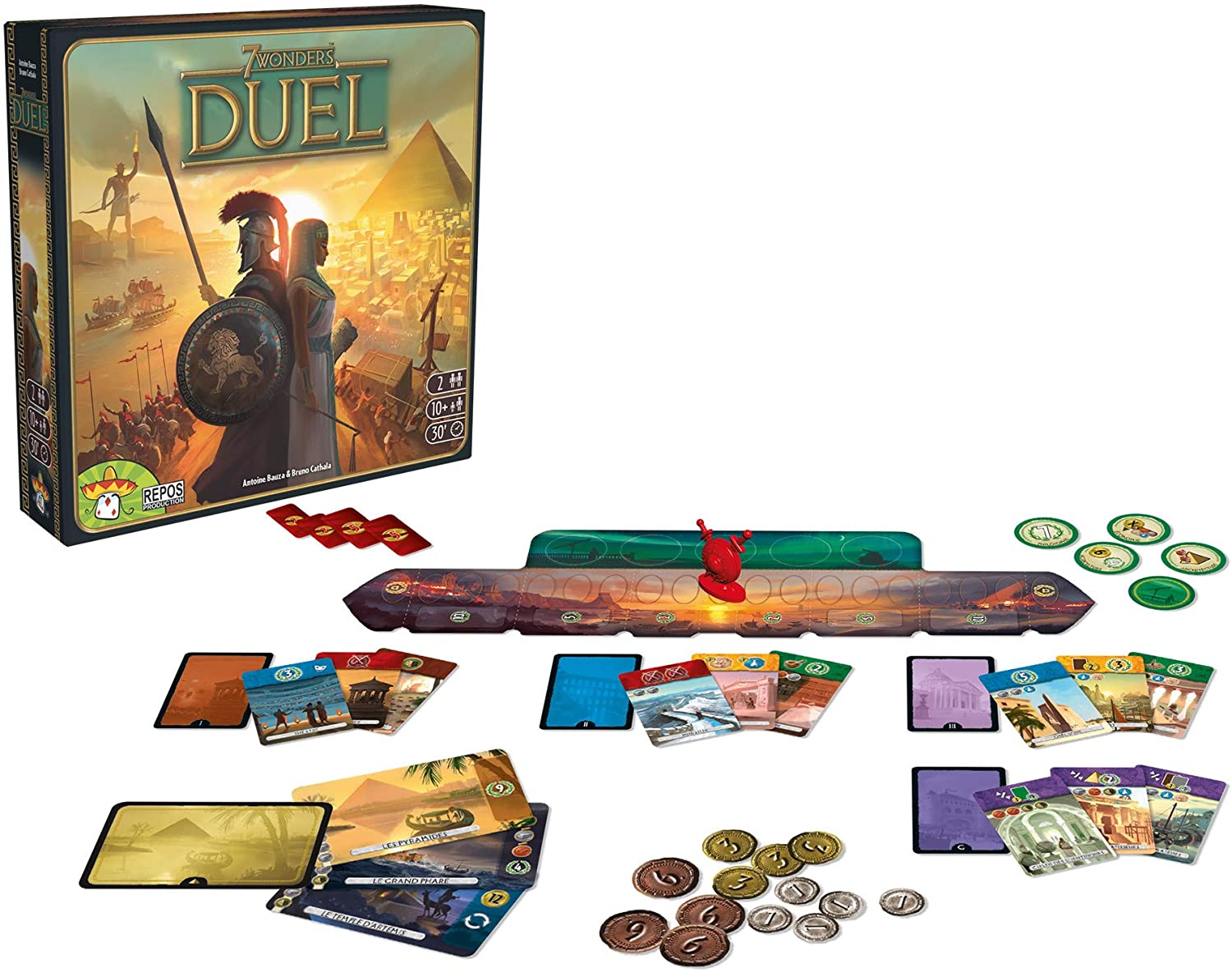 7 Wonders Duel board game box alongside game components including cards, tokens, and a central board.