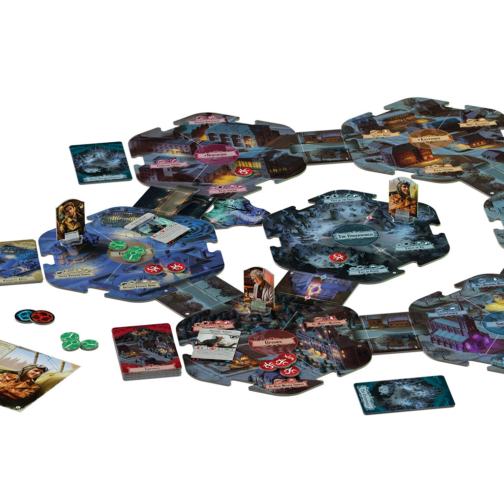 Arkham Horror: Secrets of the Order board game setup featuring modular game tiles, tokens, and character cards.