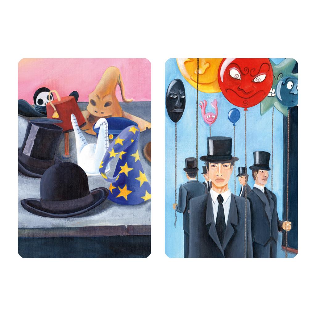 Dixit: Odyssey Expansion cards featuring whimsical illustrations of hats, animals, and mysterious figures in suits.