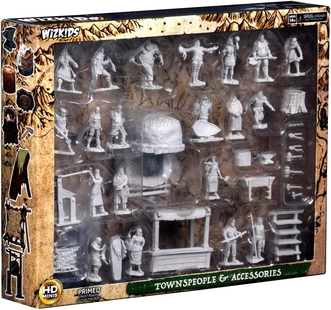 Unpainted miniatures set featuring townspeople and accessories, ideal for tabletop gaming and dioramas.