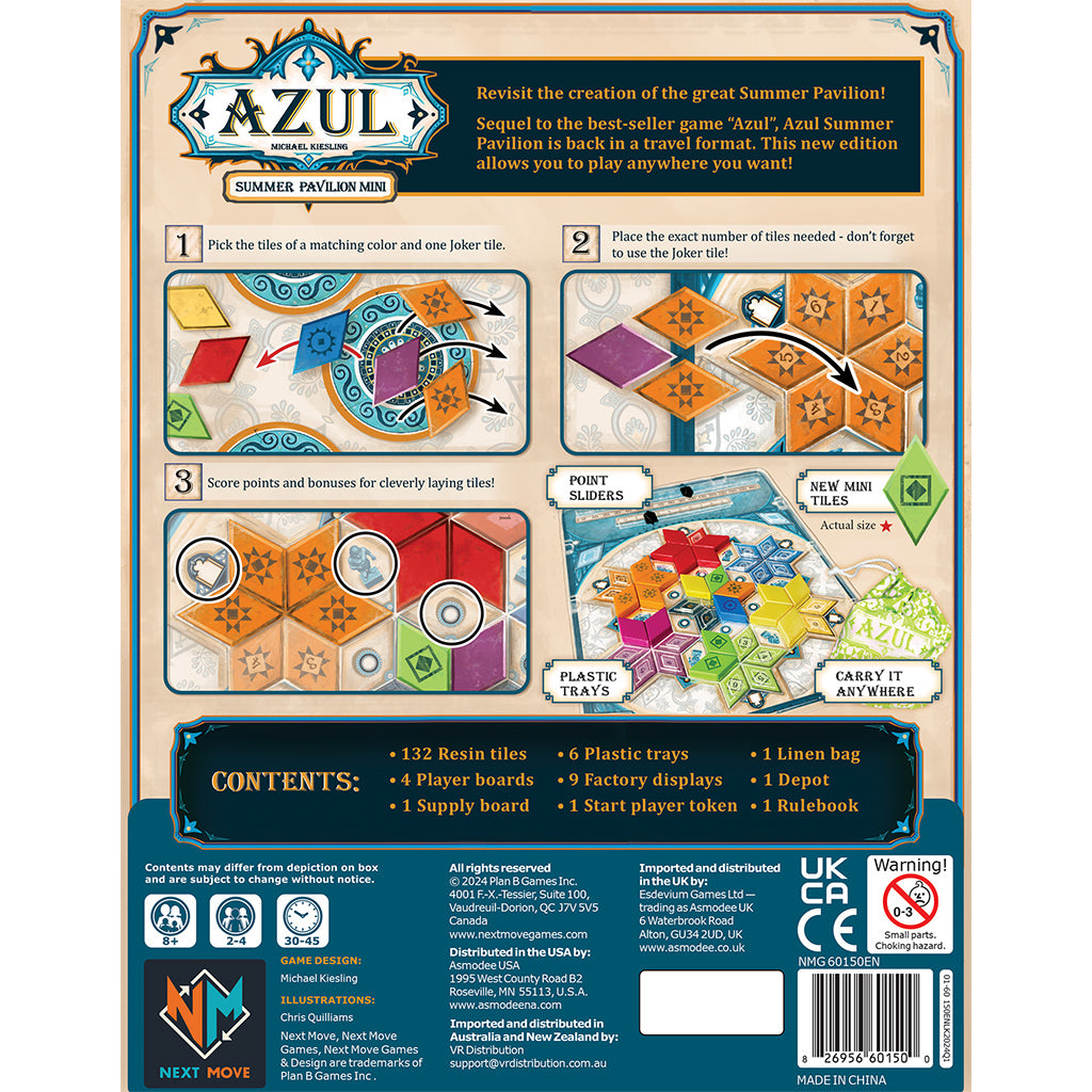 Back of the Azul Summer Pavilion Mini box, showcasing game components and instructions for players.