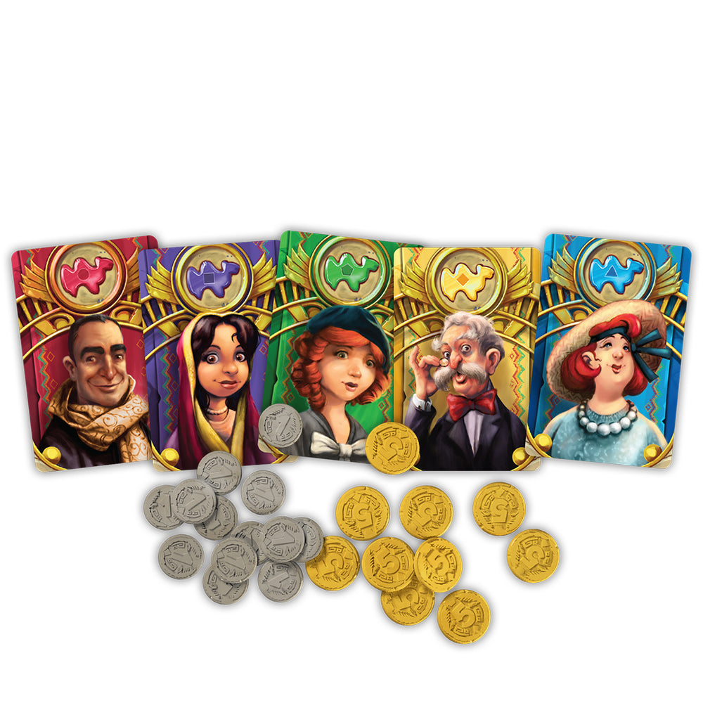 Camel Up game components featuring character cards and colorful coins, designed for strategic gameplay and fun.