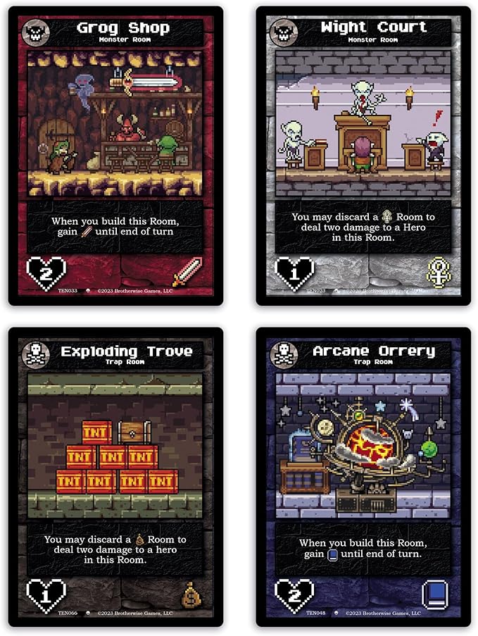 Four cards from Boss Monster: 10th Anniversary Edition, featuring Grog Shop, Wight Court, Exploding Trove, and Arcane Orrey.