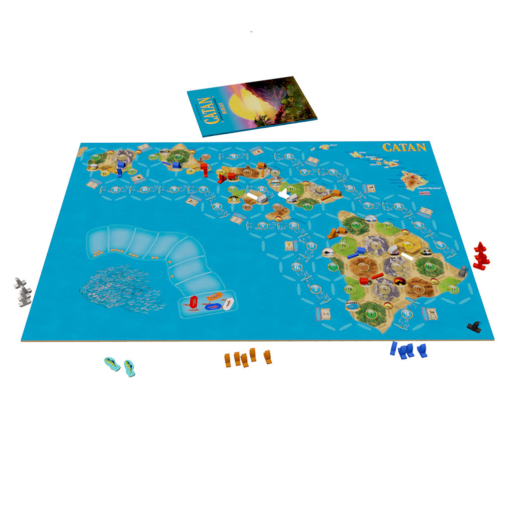 Catan Hawai'i Seafarers Scenario board game setup featuring a colorful map of islands, resources, and player pieces.