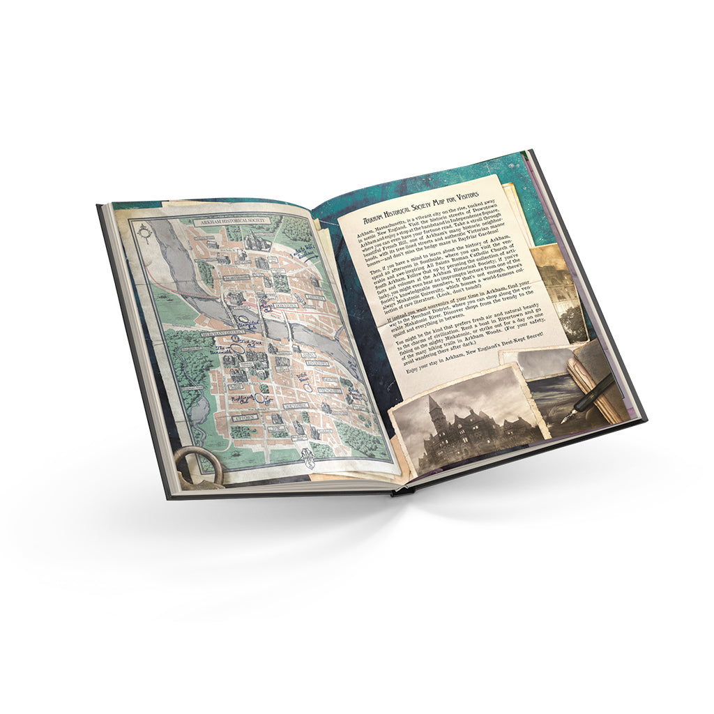 Open Arkham Horror RPG Core Rulebook displaying a detailed map and narrative text about the game setting.