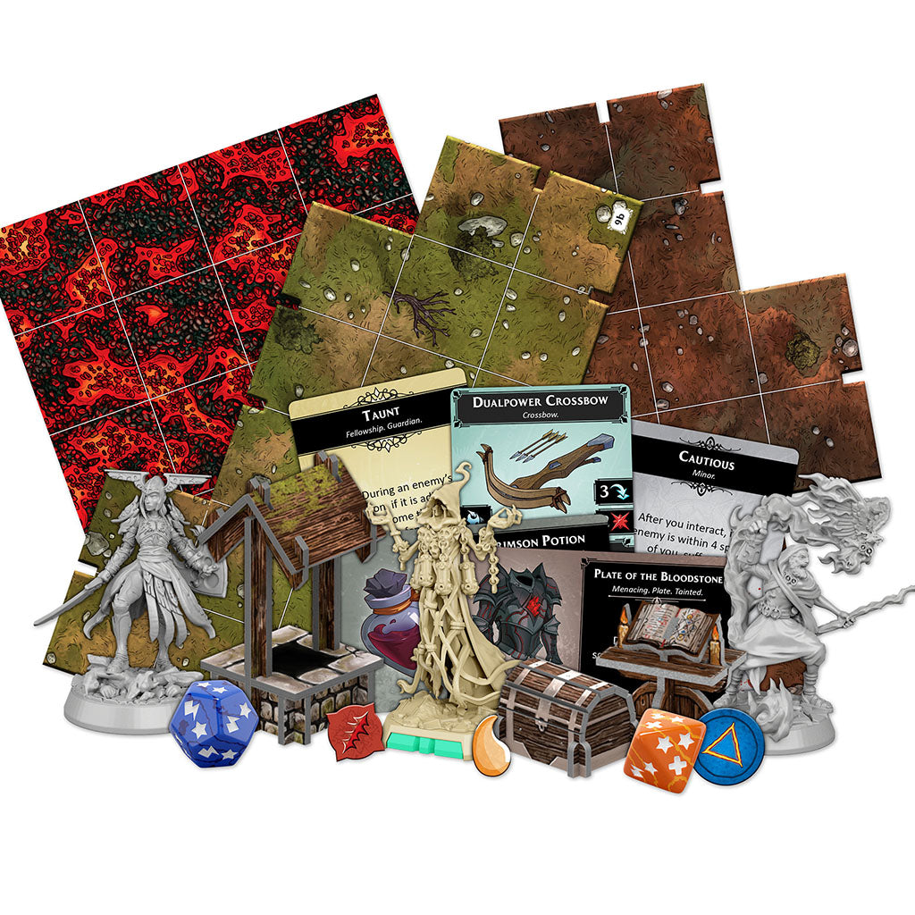 Descent: Legends of the Dark game components including miniatures, game boards, cards, and tokens arranged together.