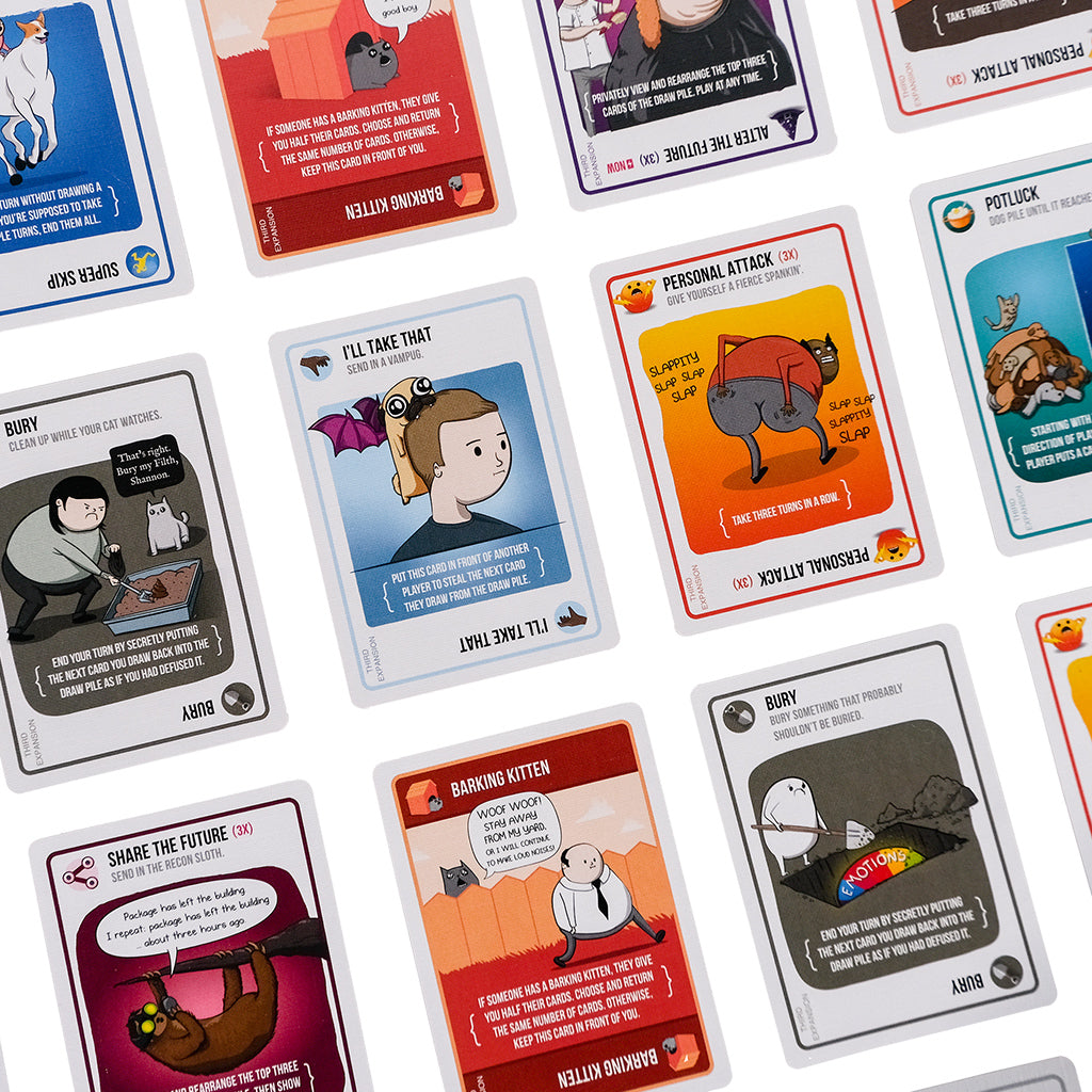 Barking Kittens expansion pack for Exploding Kittens featuring colorful game cards with humorous illustrations and text.