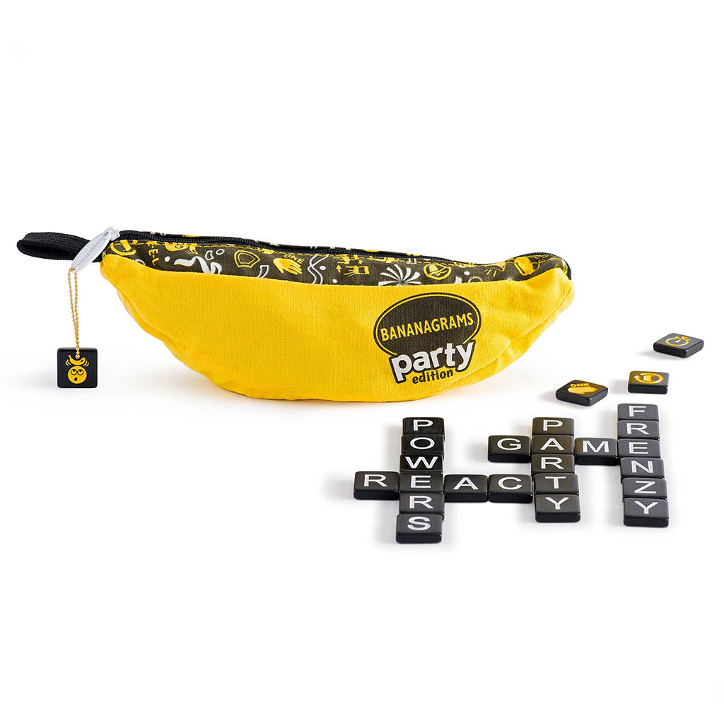Bananagrams Party Edition game pouch with letter tiles arranged in a crossword layout on a white background.