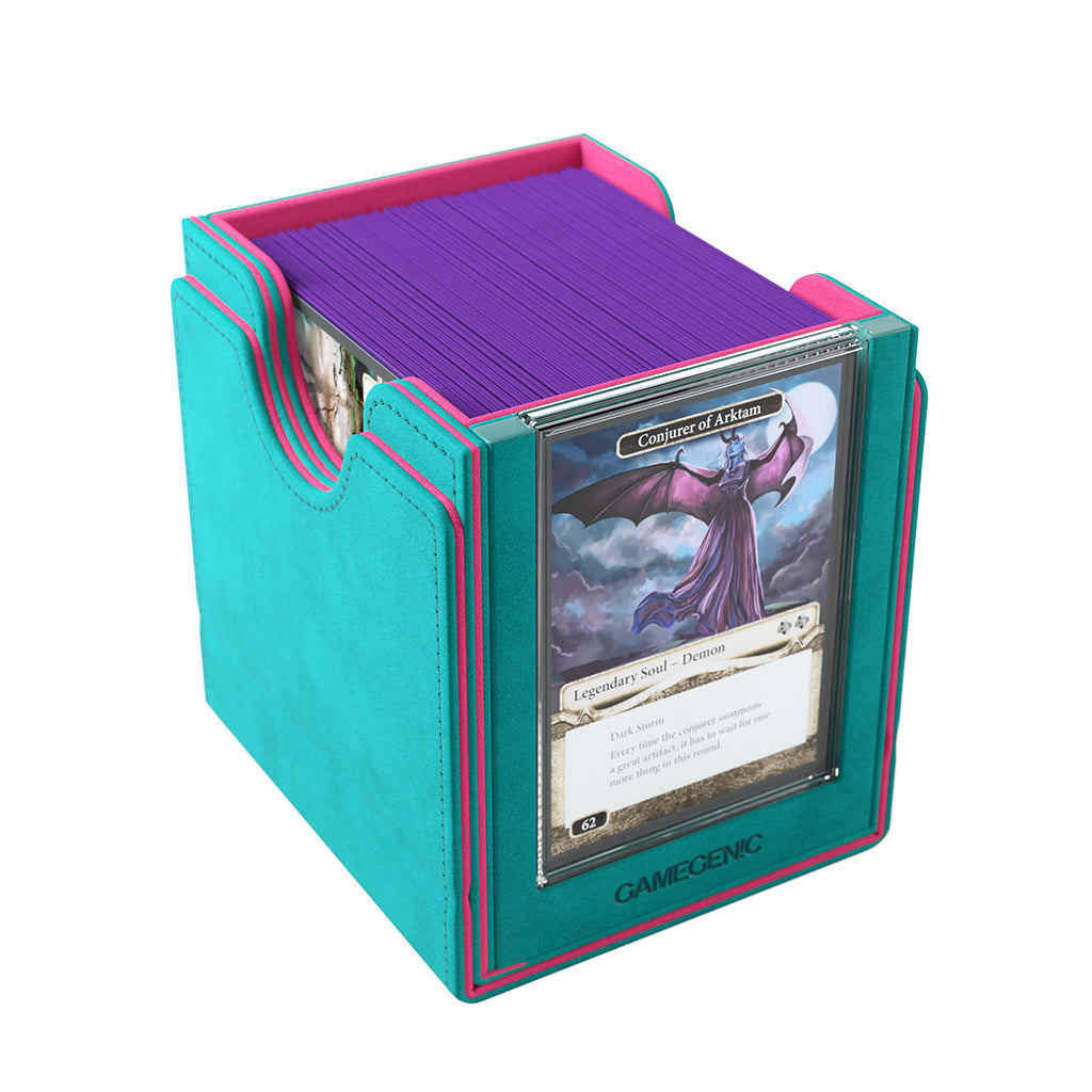 Gamegenic Sidekick Pro 100+ XL Convertible in teal and pink, holding trading cards with a clear front display.