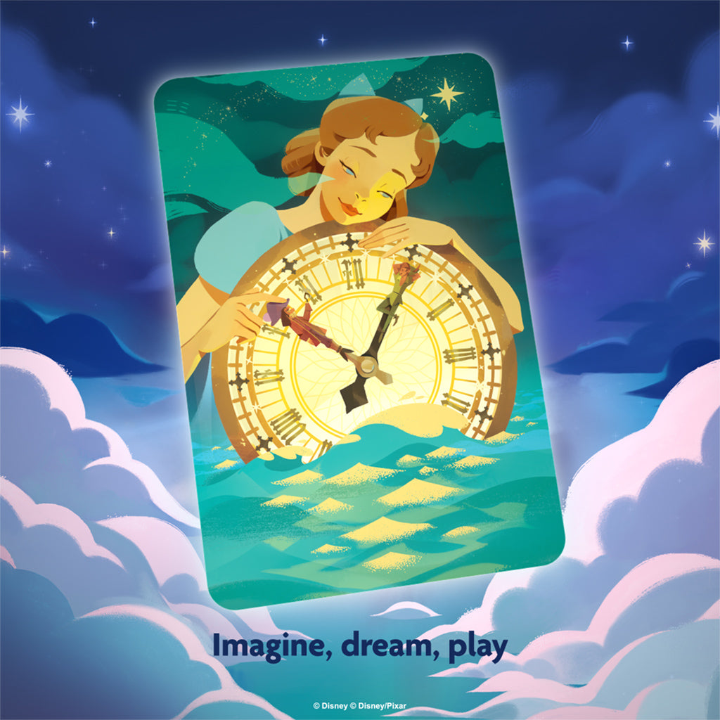 Dixit: Disney Edition card featuring a whimsical illustration of a girl holding a clock, surrounded by dreamy clouds.