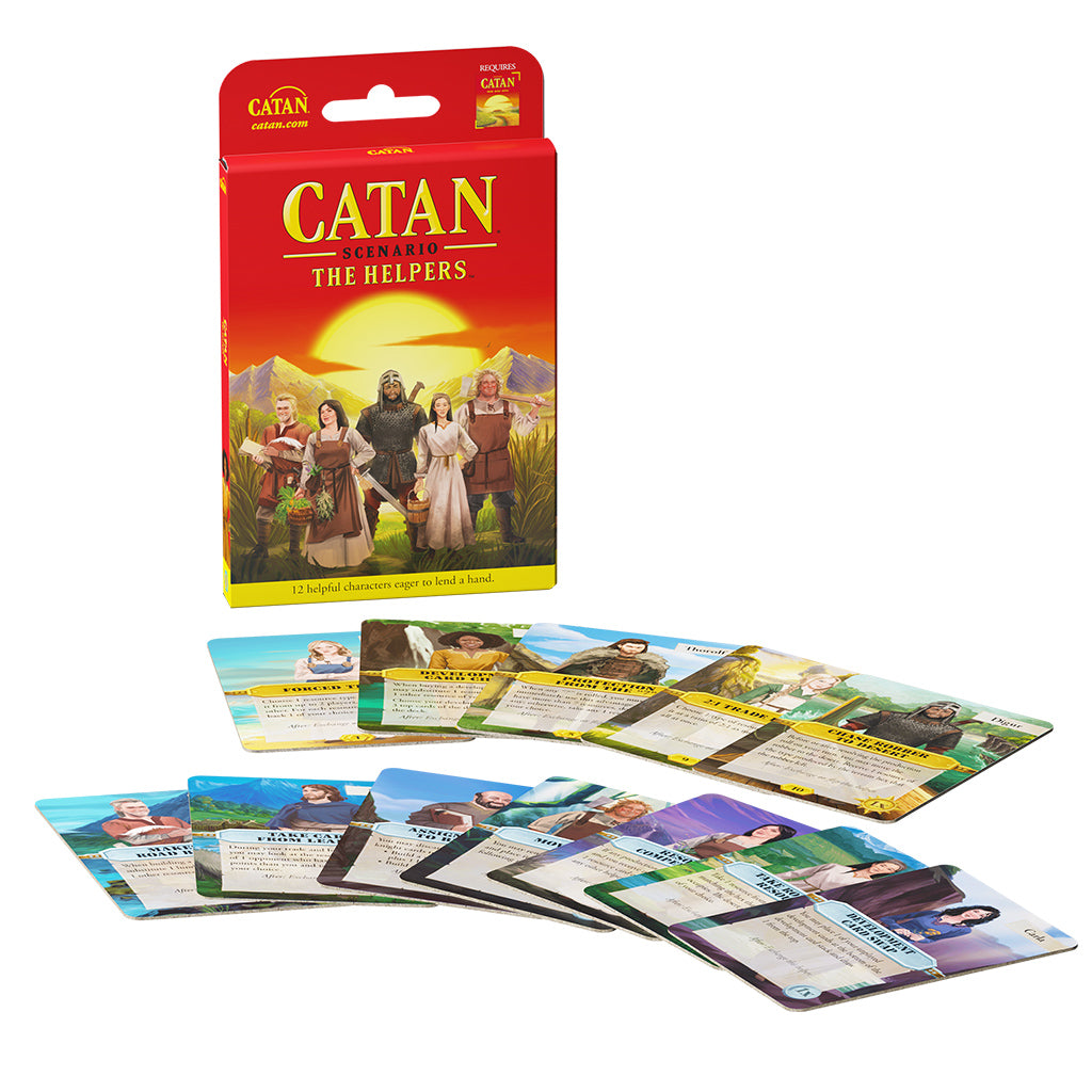 Catan - The Helpers expansion pack featuring character cards that enhance gameplay with unique abilities.
