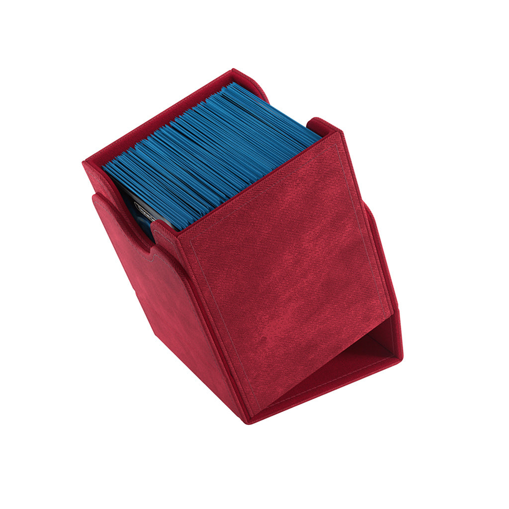 Red Gamegenic Deck Box: Squire 100+ XL holding blue card sleeves, designed for card game storage and protection.