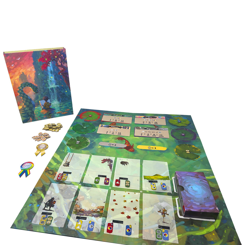 Colorful board game Canvas Reflections displayed with game components, including cards, tokens, and a beautifully illustrated box.
