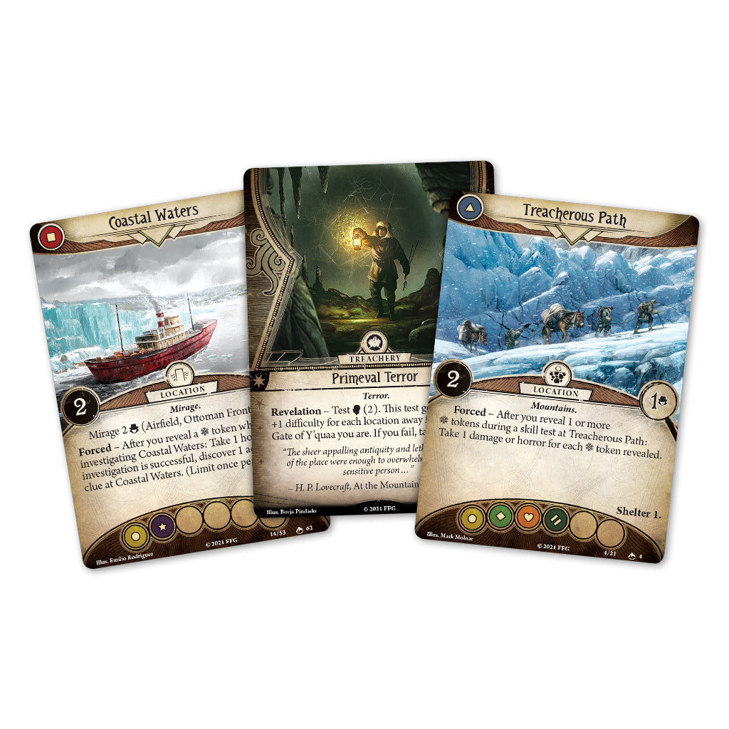 Three cards from the Arkham Horror LCG: Edge of the Earth Campaign Expansion, featuring Coastal Waters, Primeval Terror, and Treacherous Path.