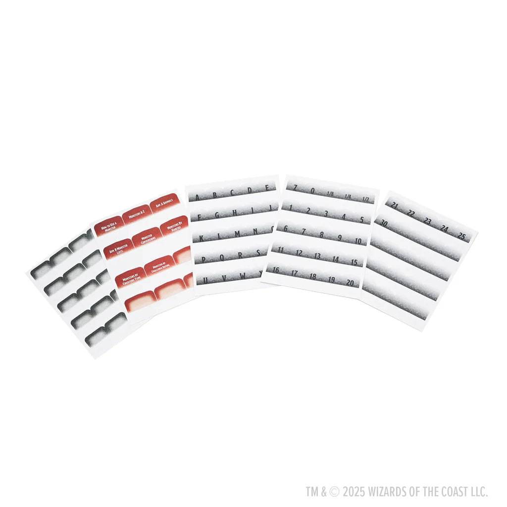 Dungeons & Dragons 2024 Monster Manual book tabs featuring labeled sections for easy navigation and organization.