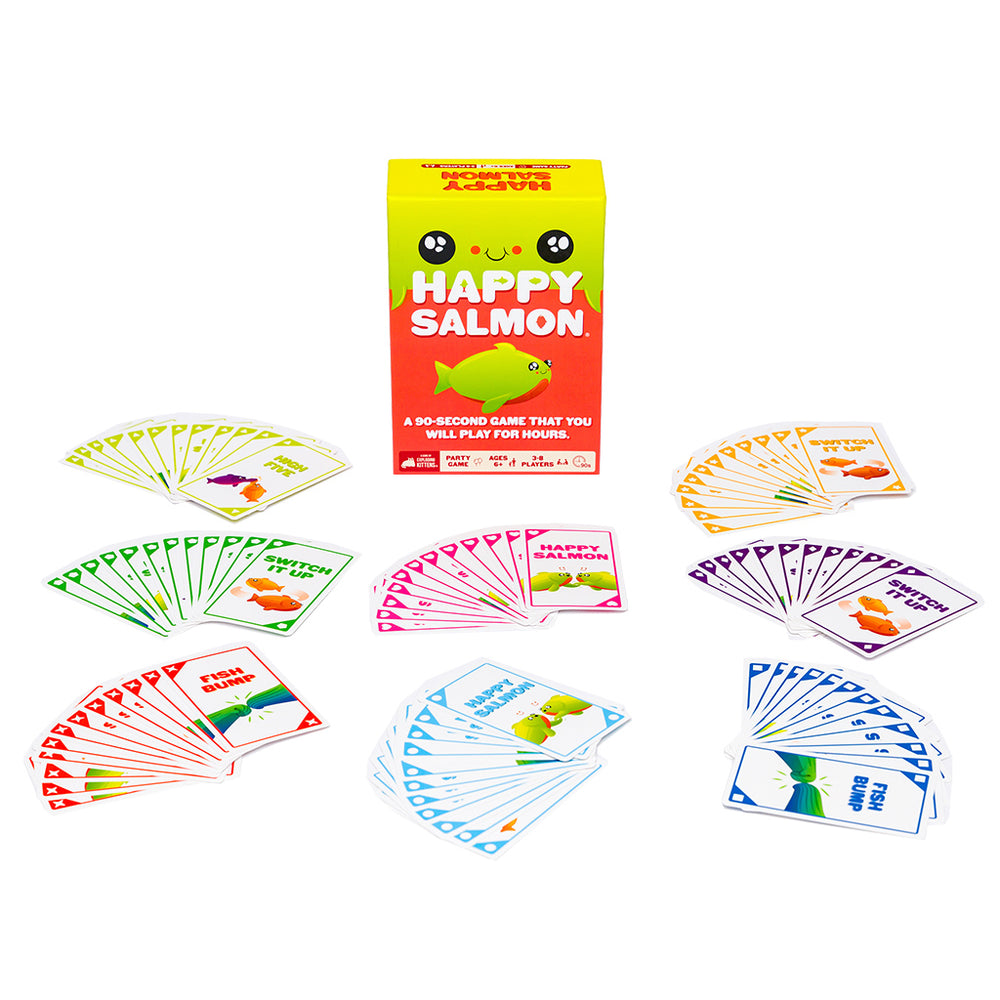 Colorful card game Happy Salmon displayed with its box and multiple sets of cards in various colors arranged around it.