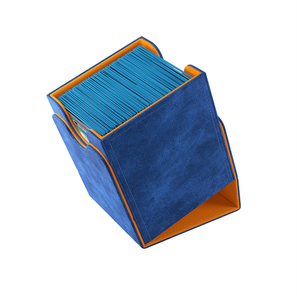 Gamegenic Deck Box Squire 100+ XL in blue and orange, designed to hold and protect trading cards securely.