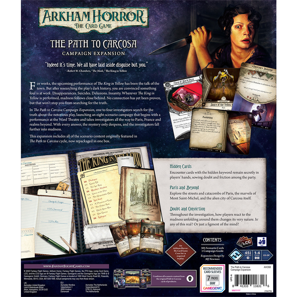 Back cover of Arkham Horror LCG The Path to Carcosa Campaign Expansion, featuring artwork, game components, and a description.