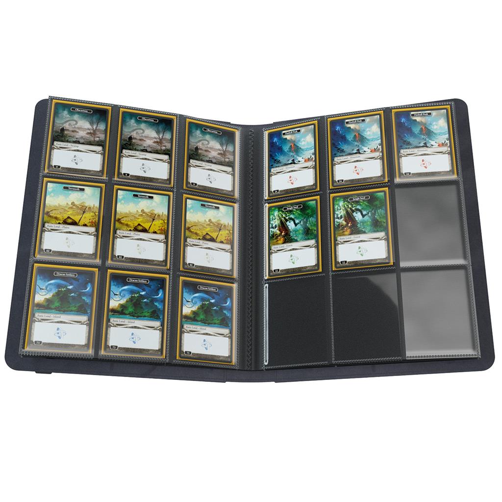 Gamegenic Prime Album 18-Pocket Binder in black, open to display trading cards in protective sleeves.