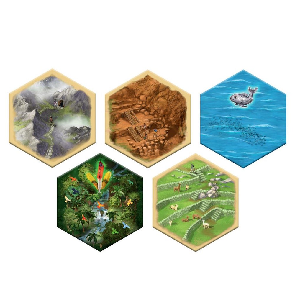 Four hexagonal game tiles from Catan - Rise of the Inkas featuring mountains, a river, ocean life, and lush landscapes.