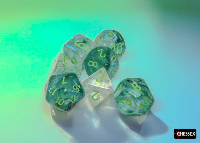 Chessex Borealis Kelp Light Green Luminary 7-dice set featuring translucent dice with green numbers and swirling patterns.