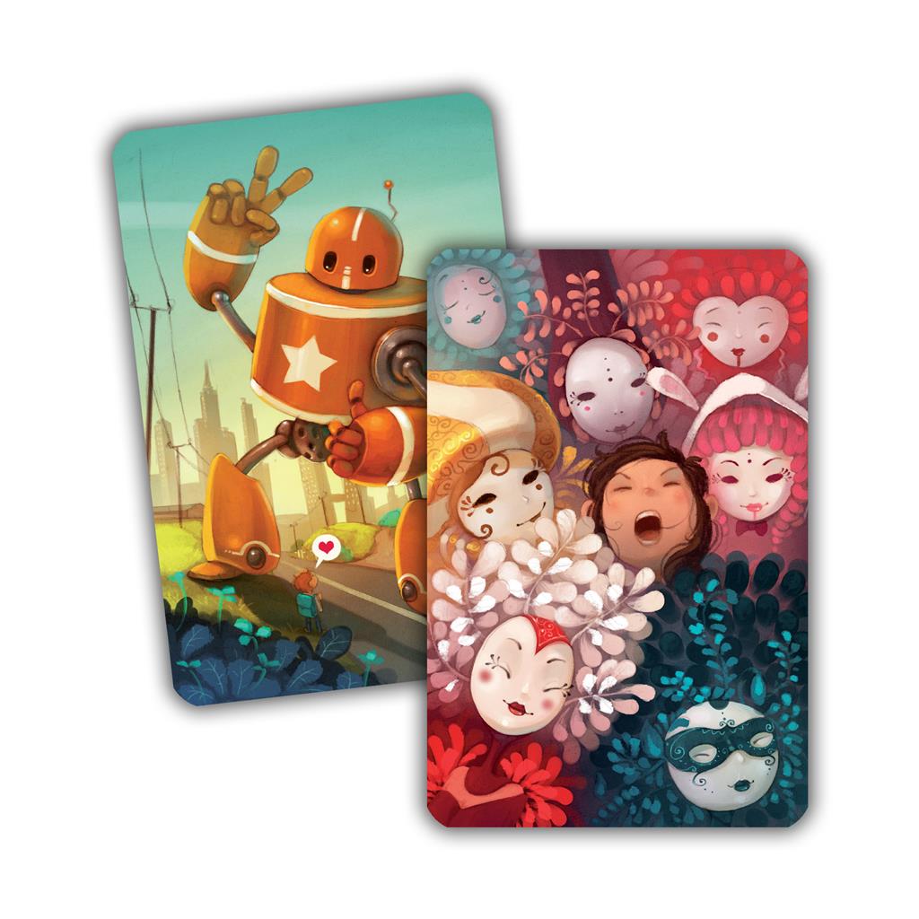 Dixit: Memories Expansion features two illustrated cards, one with a cheerful robot and the other with expressive faces among colorful foliage.