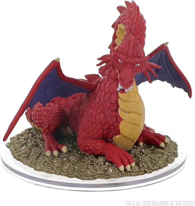 Classic red dragon miniature from Dungeons & Dragons, featuring detailed scales and wings, set on a textured base.
