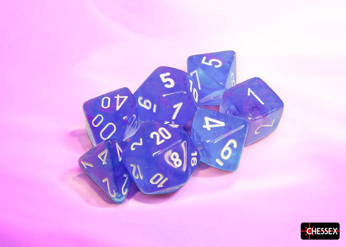 Chessex Nebula Aura/White Luminary polyhedral 7-dice set featuring translucent blue dice with white numbers.