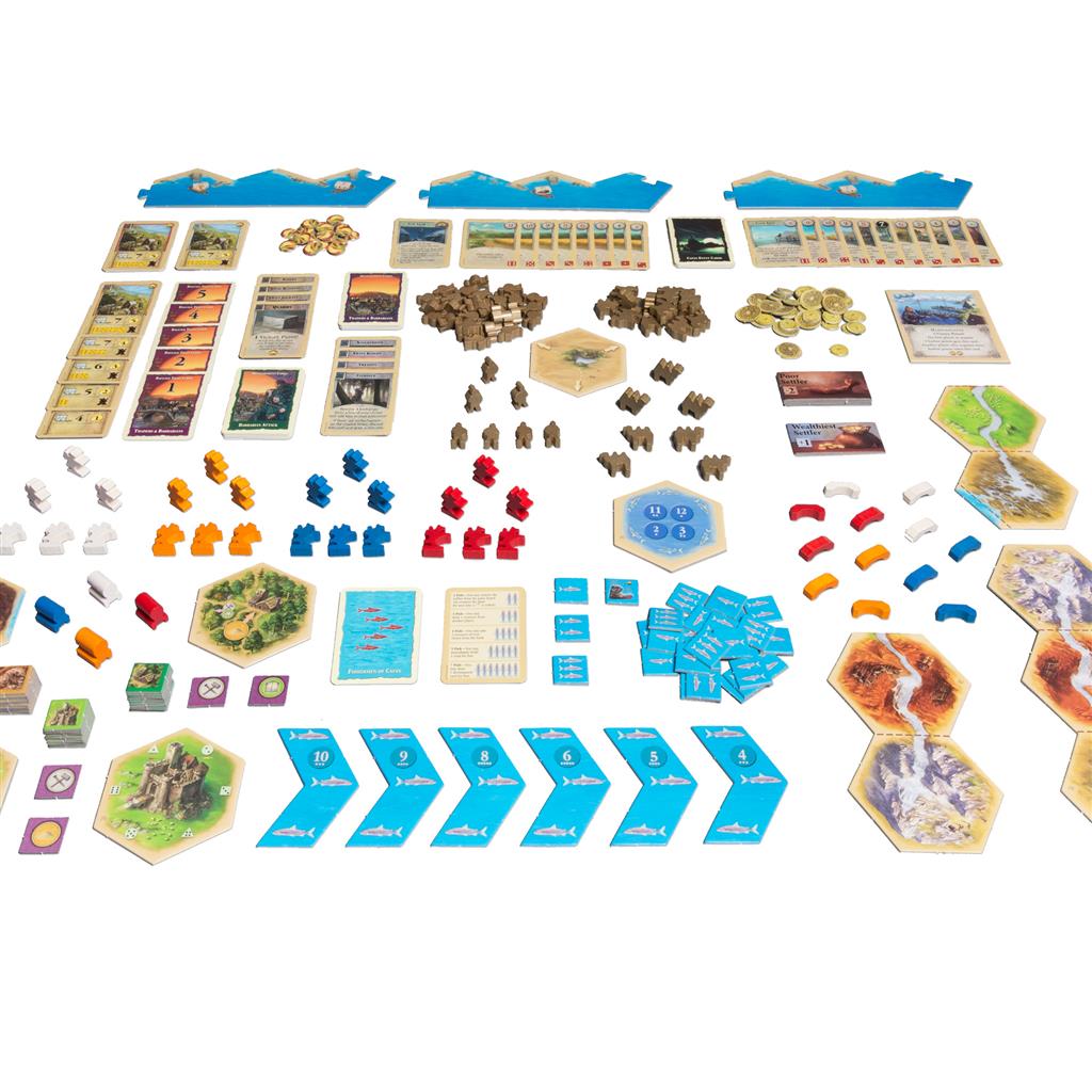 Catan Traders and Barbarians expansion components arranged, including hex tiles, resources, tokens, and player pieces.