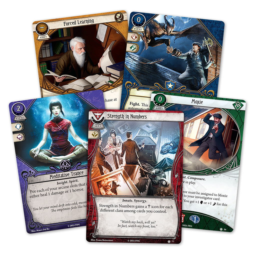Five cards from the Arkham Horror LCG Edge of the Earth Investigator Expansion, featuring various characters and abilities.