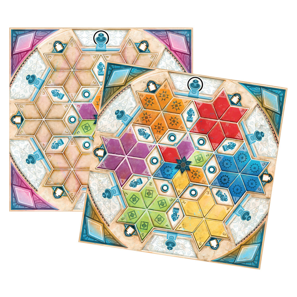 Colorful game boards for Azul Summer Pavilion featuring intricate tile patterns in various shapes and hues.