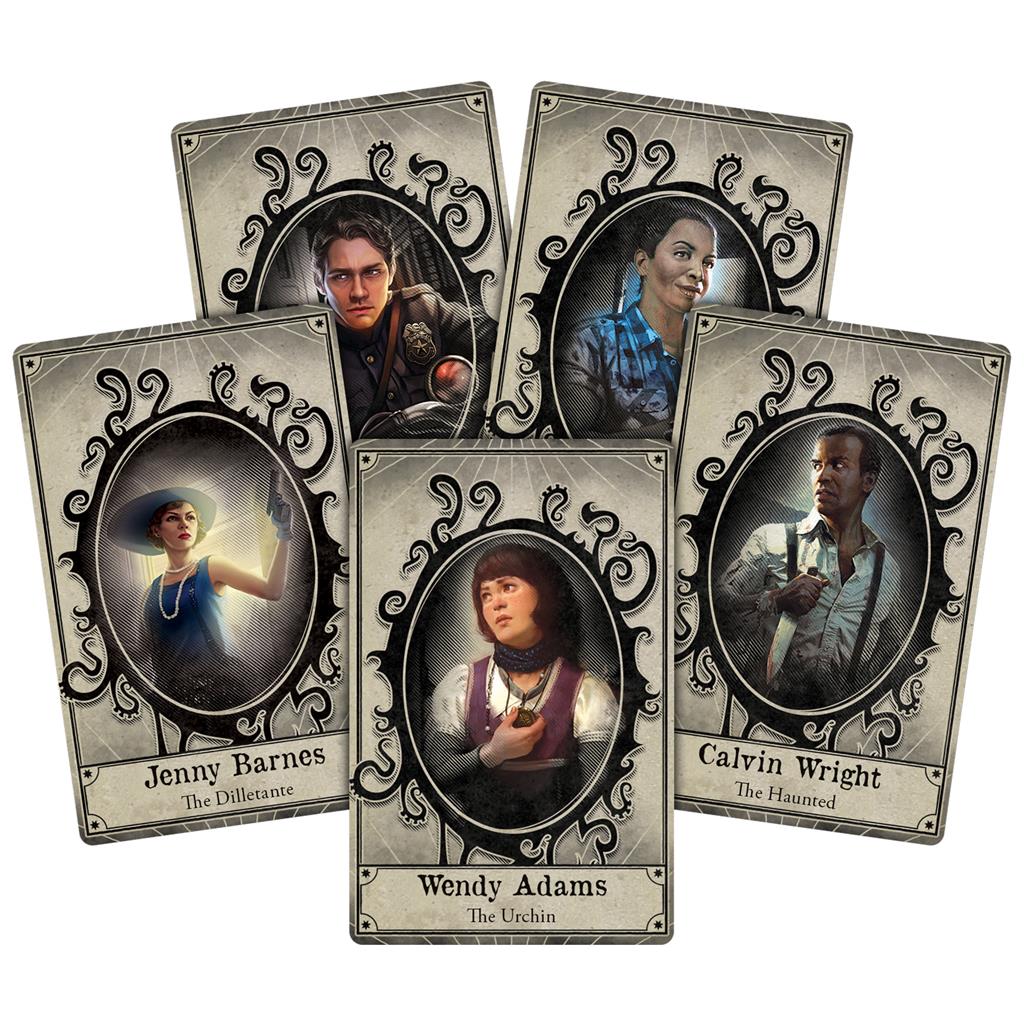 Five character cards from Arkham Horror Third Edition featuring Jenny Barnes, Wendy Adams, Calvin Wright, and others.