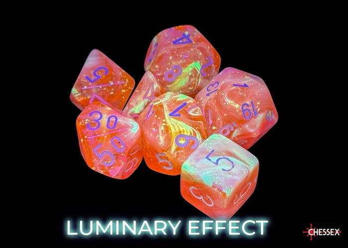 Chessex Festive Dahlia/White Luminary Polyhedral 7-Dice Set featuring vibrant pink and white marbled dice with purple numbers.