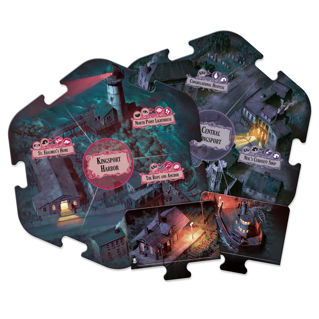 Arkham Horror 3E Under Dark Waves Expansion game board pieces featuring Kingsport Harbor locations and artwork.