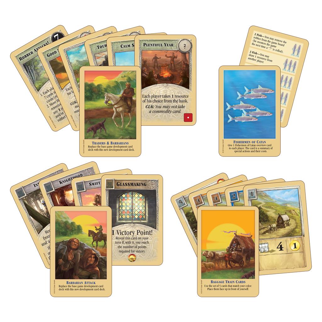 Catan Traders and Barbarians expansion cards featuring various gameplay elements and scenarios for enhanced strategy.