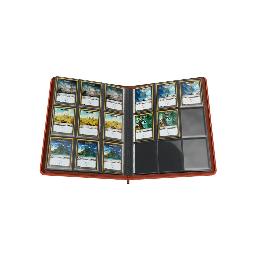 Red zip-up album featuring 18 pockets, showcasing trading cards organized in a neat layout.