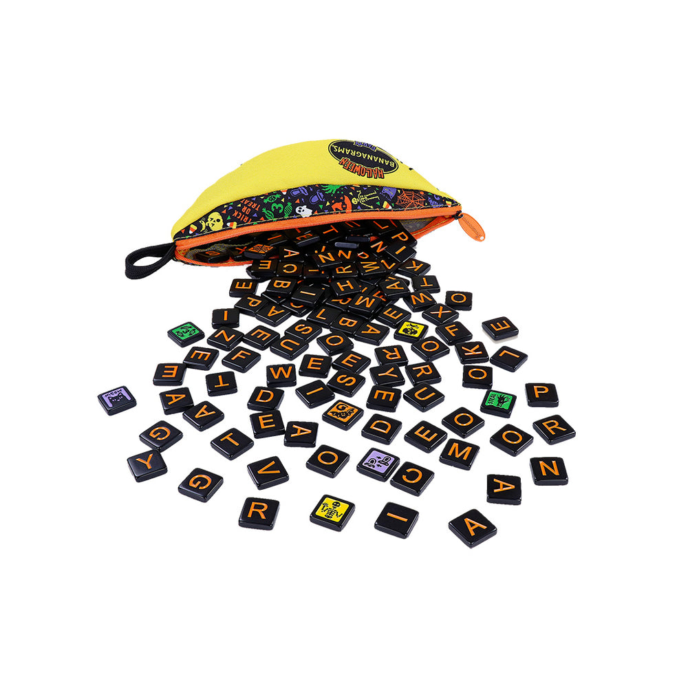 Bananagrams Halloween Party game with orange and black letter tiles spilling from a vibrant yellow pouch.