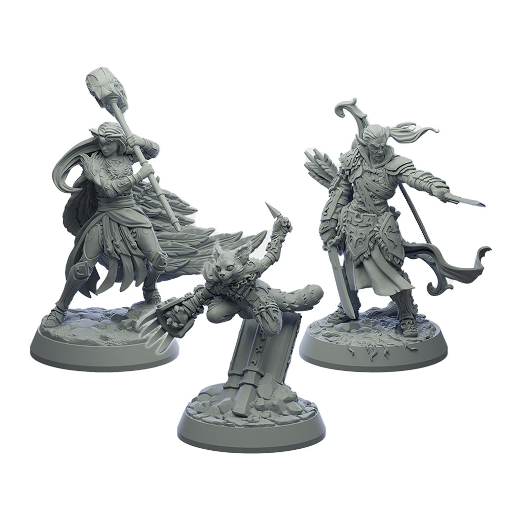 Three detailed miniatures from Descent: Legends of the Dark - The Betrayer's War, featuring unique characters in dynamic poses.
