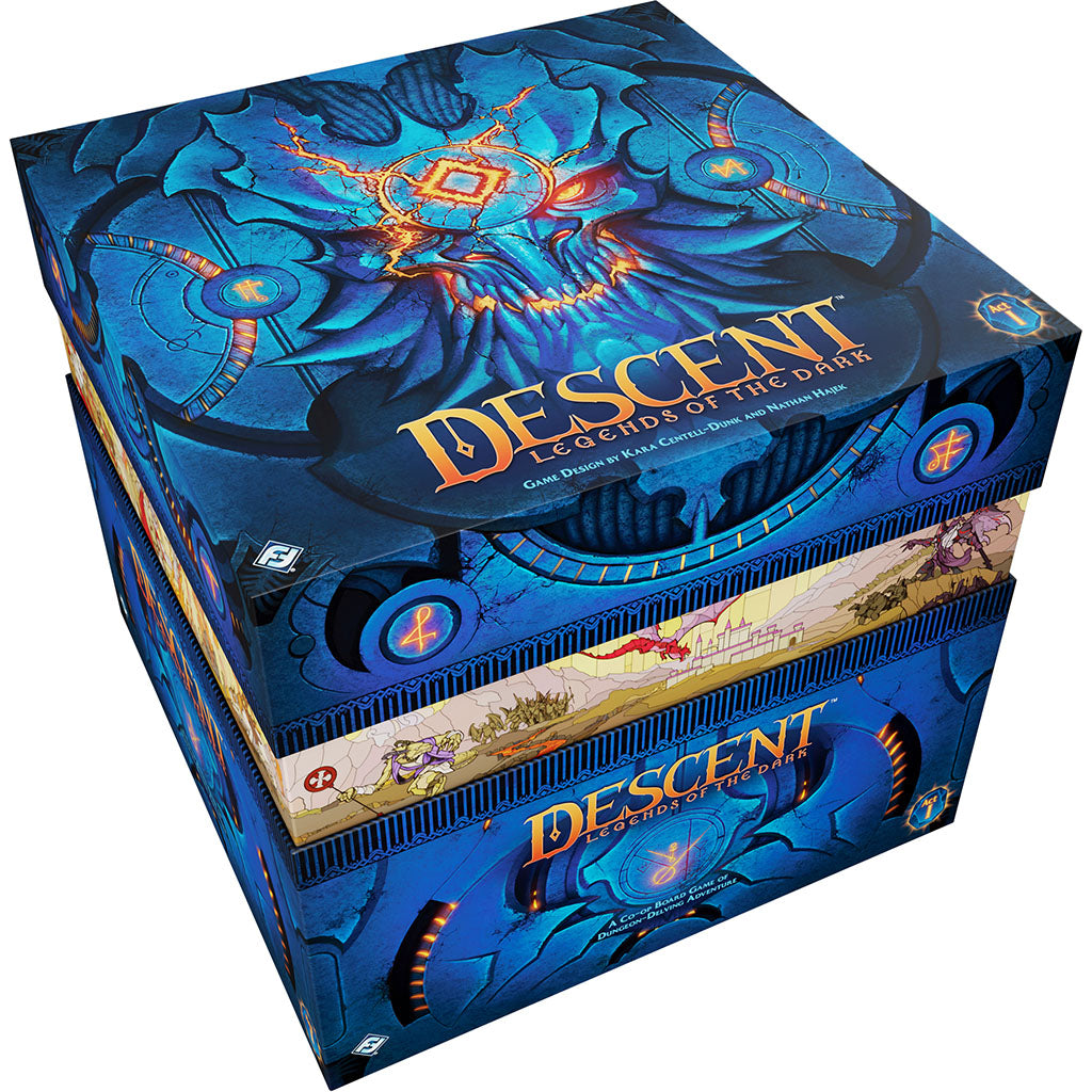 Descent: Legends of the Dark board game box featuring intricate blue artwork and a glowing skull design.