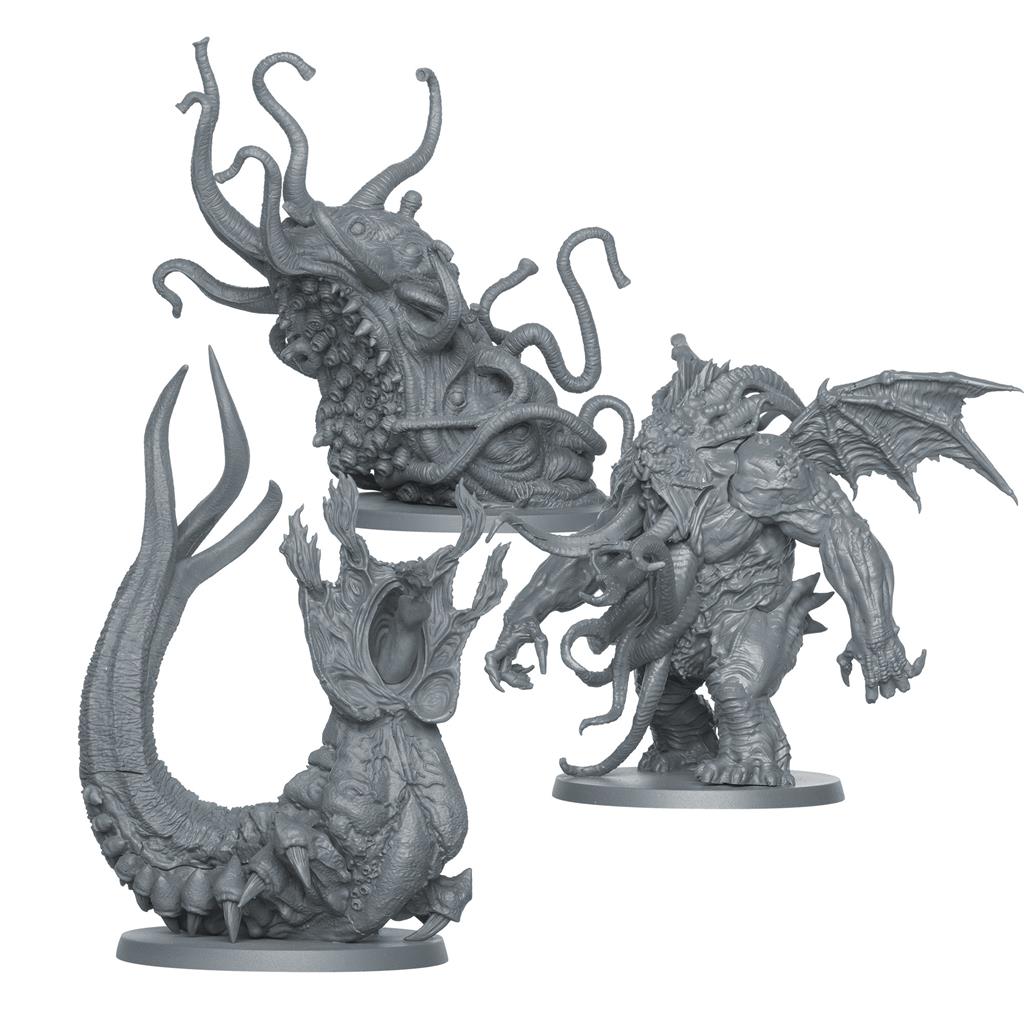 Three detailed gray miniatures from Cthulhu: Death May Die, featuring a monstrous creature with tentacles, a winged beast, and a serpent-like figure.