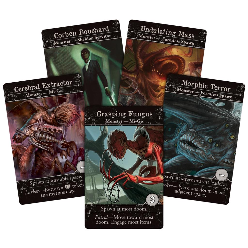 Five Arkham Horror 3E cards featuring monsters: Corben Bouchard, Undulating Mass, Cerebral Extractor, Grasping Fungus, and Morphic Terror.