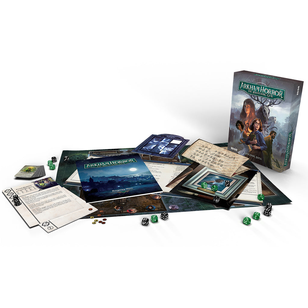 Arkham Horror RPG Starter Set: Hungering Abyss featuring game components like rulebooks, character sheets, dice, and scenario cards.