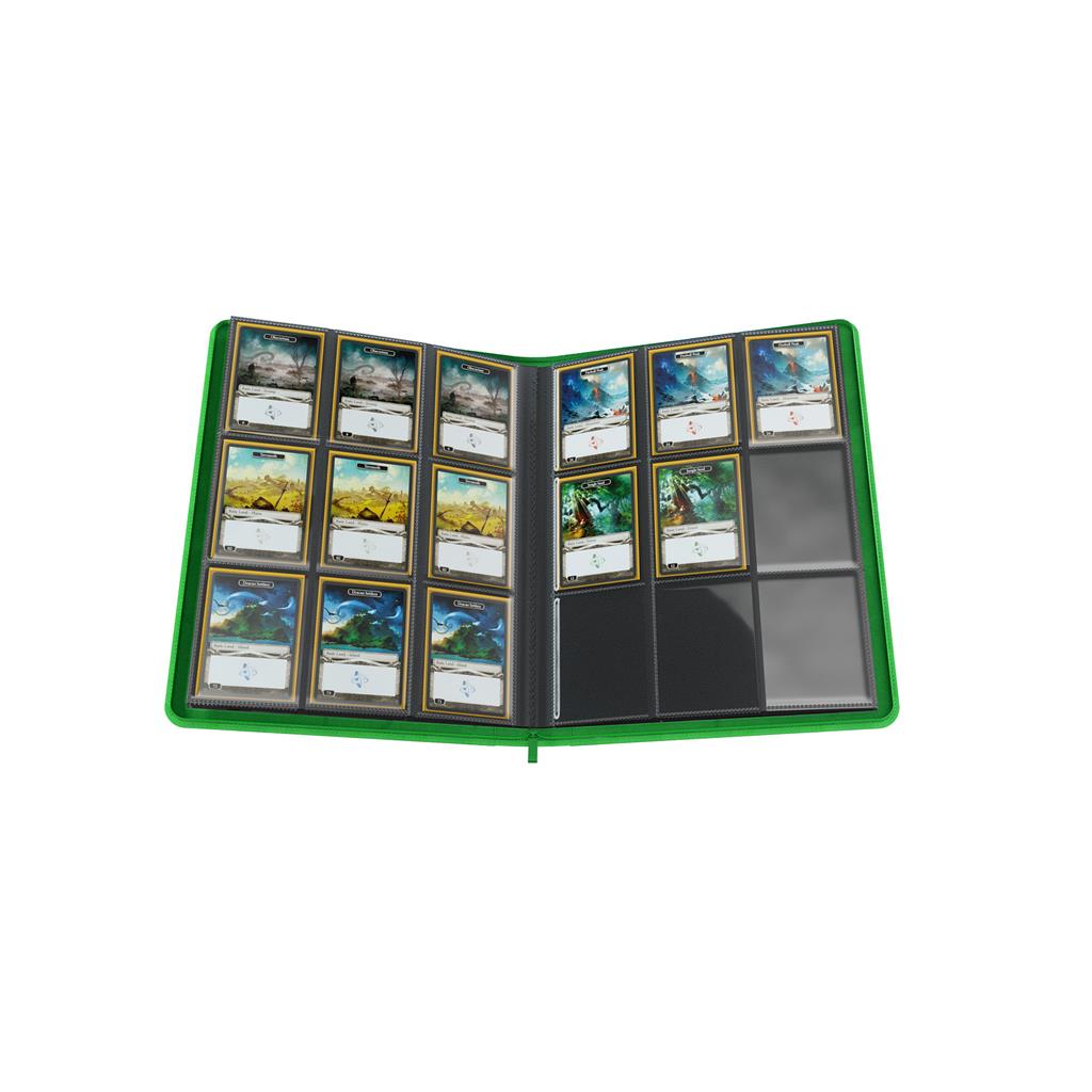 Gamegenic green zip-up album featuring 18 pockets, displaying collectible cards organized in a vibrant layout.